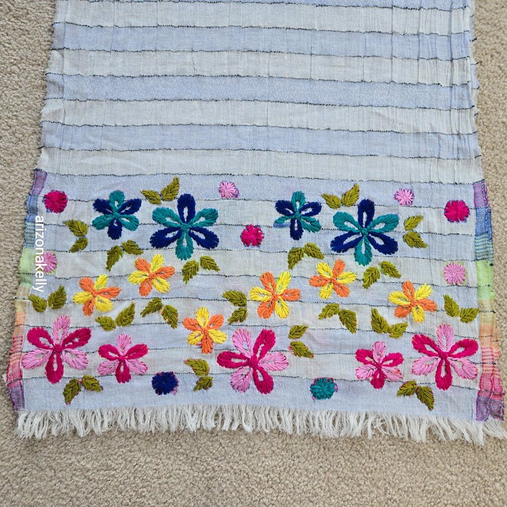 Crinkle Cotton Scarf With Colorful Yarn Flowers Hand-Embroidered Boho - Picture 2 of 12